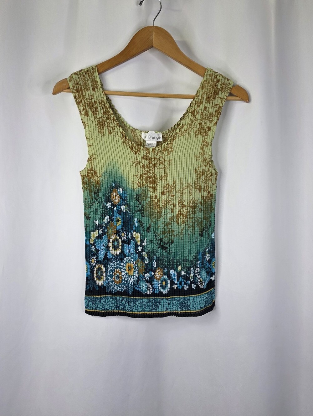 Le Grange Y2K Women's Size Medium Waffle Stretch Blouse Crinkle Blue Floral 2000 - Picture 2 of 14